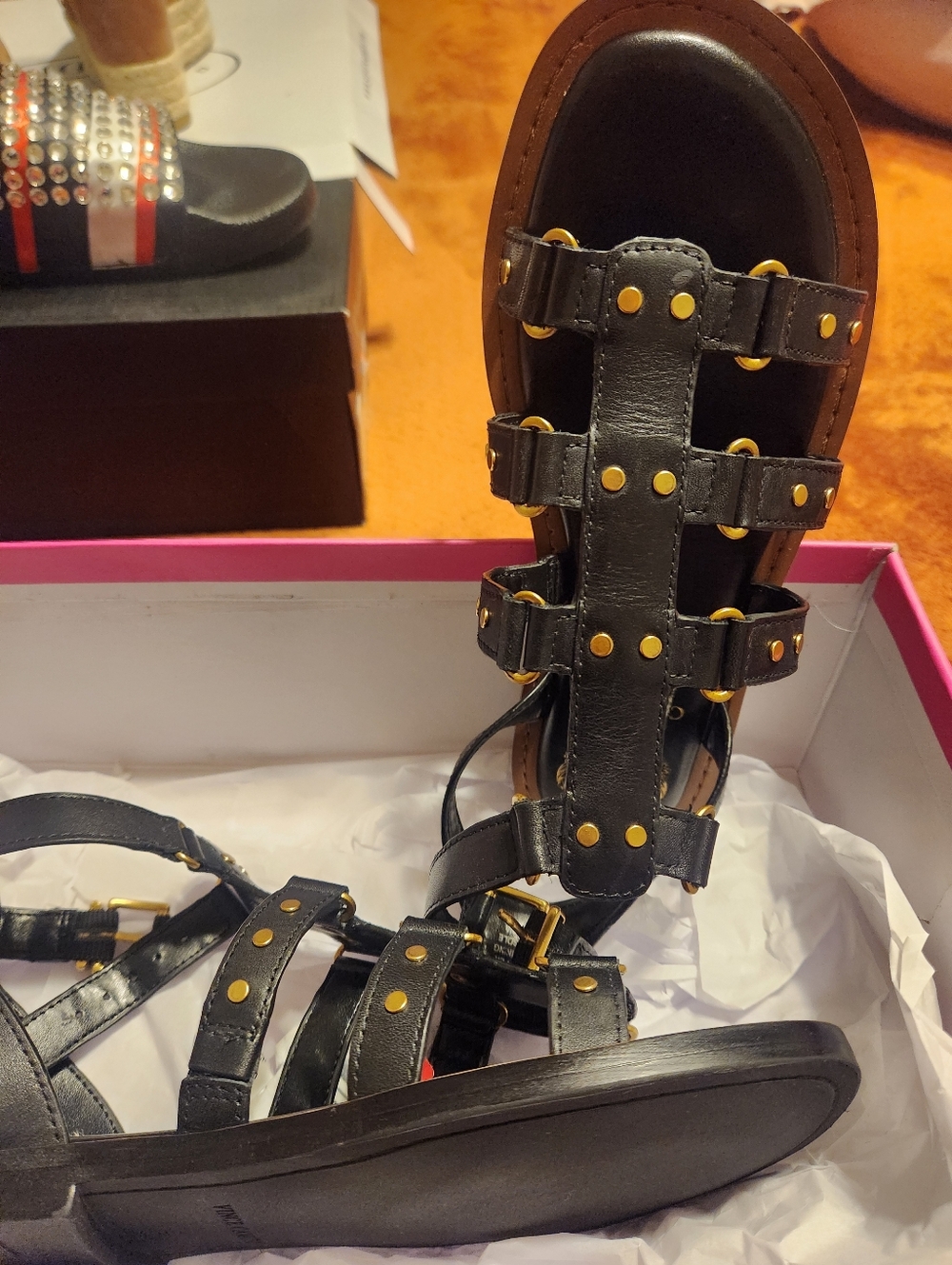 Vince Camuto Black Gladiator Sandals with Gold Studs